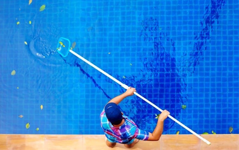 Young Adult Man, Personnel Cleaning The Pool From Leaves